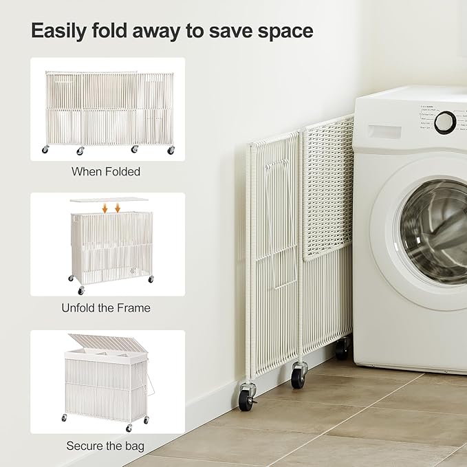 WOWLIVE Laundry Basket 3 Section, Handwoven Laundry Hamper with Wheels | Rolling Clothes Hamper with Lid and Divided Removable Bag, 160L Large Laundry Sorter, Laundry Room Organization, Creamy White