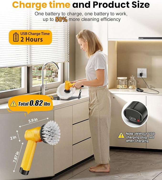 qimedo Battery Electric Spin Scrubber Q4, Handheld Scrubber for Cleaning with Display, Power Dish Scrubber with 5 Heads, Shower Cordless Cleaning Brush for Bathroom/Sink/Window