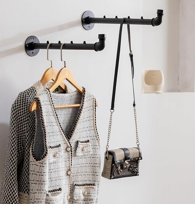 Industrial Wall Pipe Clothes Bar, Hanging Clothing Rack, Garment Rack | Heavy Duty Metal Coat Hanger with Hook, Clothing Hanging Rod/Rail/Organizer for Closet Home Bedroom Retailer Laundry, 2Pcs