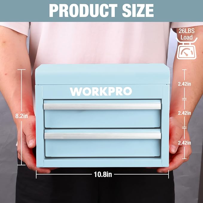 WORKPRO Metal Mini Tool Box with 2 Drawers and Top Storage | Cold Rolled Steel Toolbox, Ball Bearing Slides, PVC Drawer Liners, PP Feet Pads, Durable Storage
