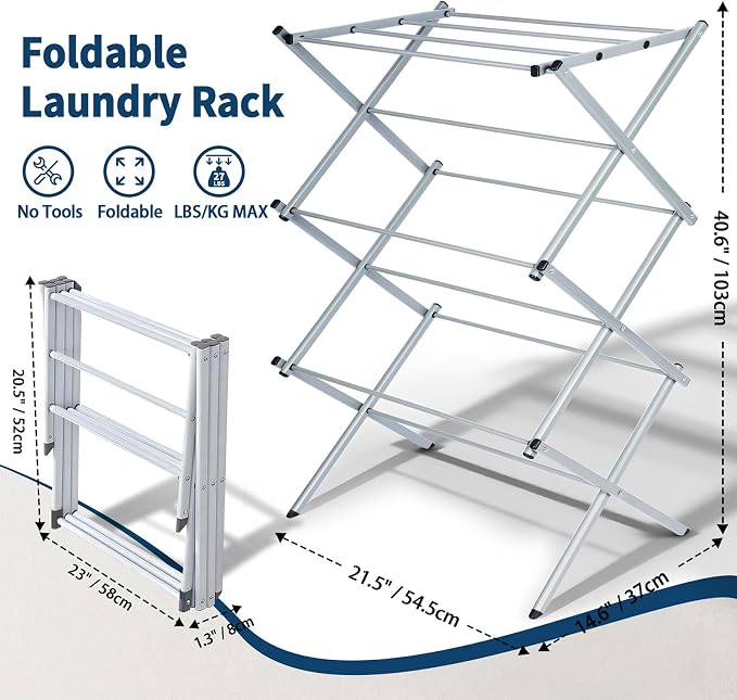 Whitmor Foldable Clothes Drying Rack: 3 Tier Laundry Drying Rack, Collapsible Drying Rack Clothing, Portable Space Saving Clothing Rack for Indoor Outdoor, 22.6" L × 14.6" W × 41.3" H, Gray