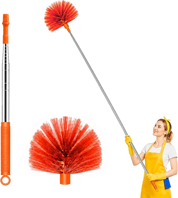 Cobweb Duster with Extension Pole, 90" Spider Web Brush, Orange | Cobweb duster with extension pole & stainless steel telescopic handle. For ceilings, fans & corners. Collapses to 15.7".
