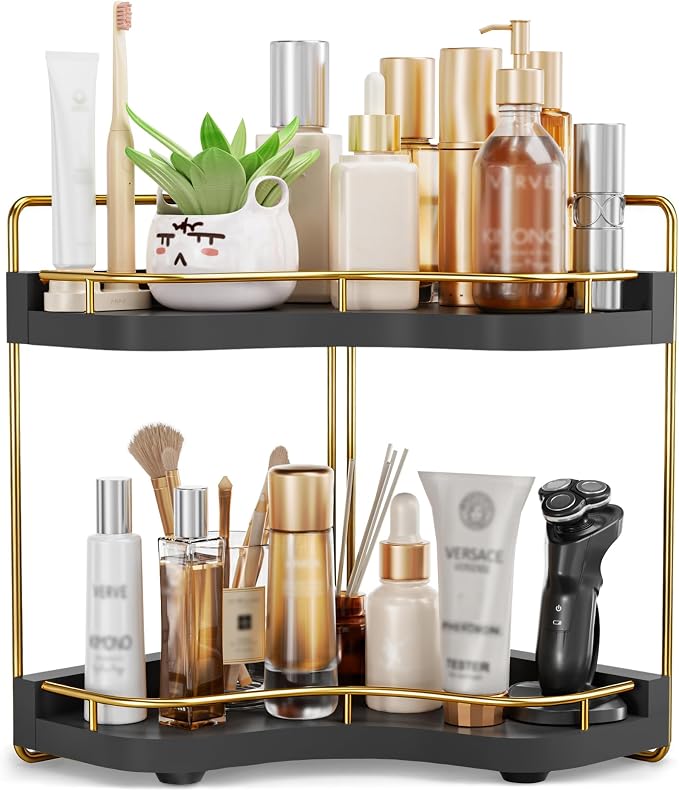 2-Tier Corner Bathroom Counter Organizer, Larger Size | Embedded Screw Holes, Sturdy & Stable, Oversized, Holds More, Vanity Shelf for Makeup & Skincare, Black Gold