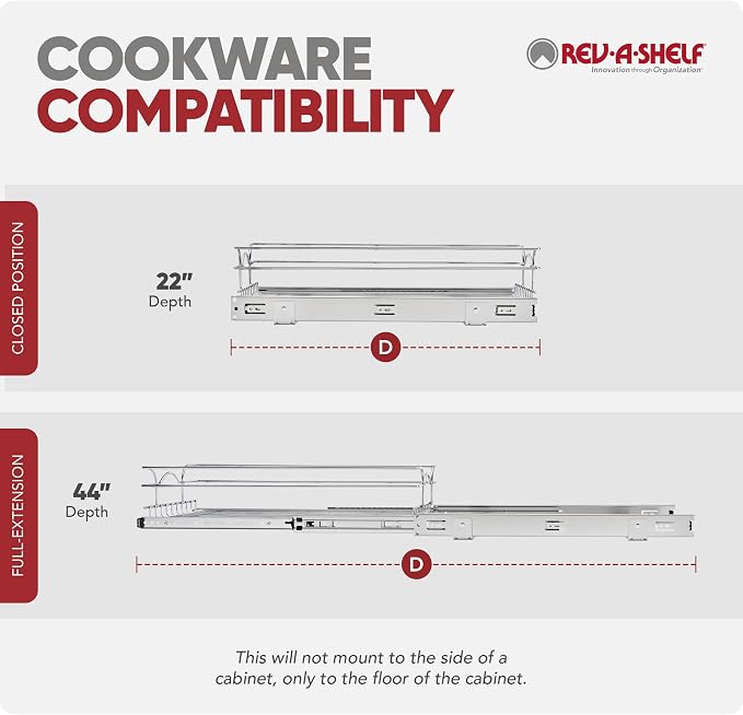 Rev-A-Shelf Steel Wire Pullout Drawer Organizer Shelf for Kitchen Cabinets, Slide Out Storage Basket, Min Opening Width of 17.5", 18" x 22", 5WB1-1822CR-1