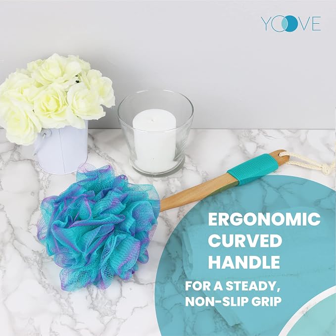 Yoove Bath Pouf with Handle - Body Scrubber Green Loofah for Women - Charcoal Infused Shower Loofah Sponge with Handle - Back Scrubber - Back Shower Sponge