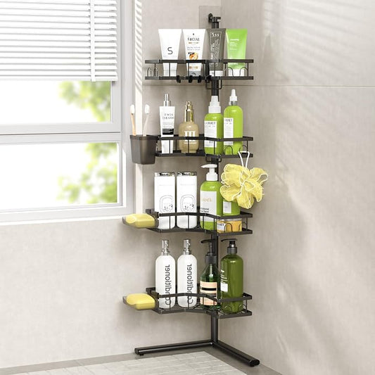 Corner Shower Caddy Standing: 4-Tier Rustproof Shower Shelves Corner - No Drilling Floor Shower Organizer Rack for Bathroom, Renters, Apartment