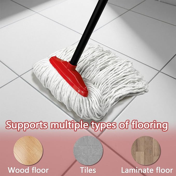 Indoor Cotton Mops for Floor Cleaning - Indoor Cleaning Mop for Wood Floors, Tile, Hardwood Floor, 52" Adjustable Iron Handle Regular Mops to Clean Living Room, Kitchen, and Bathroom. (Red