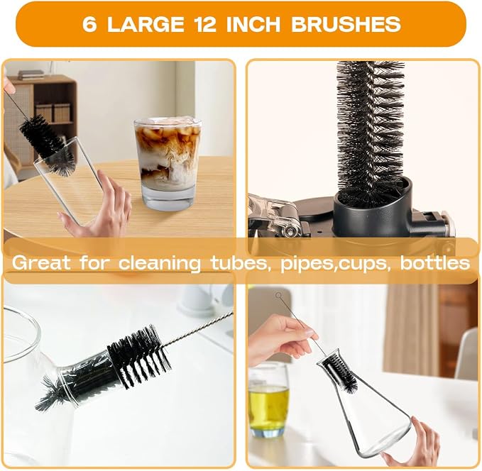 Brush Family Straw Cleaner Brush Set,6 Piece 12" Long Pipe Tube Bottle Brushes for Cleaning Narrow Neck Bottles,Coffee Maker,Glass Cups