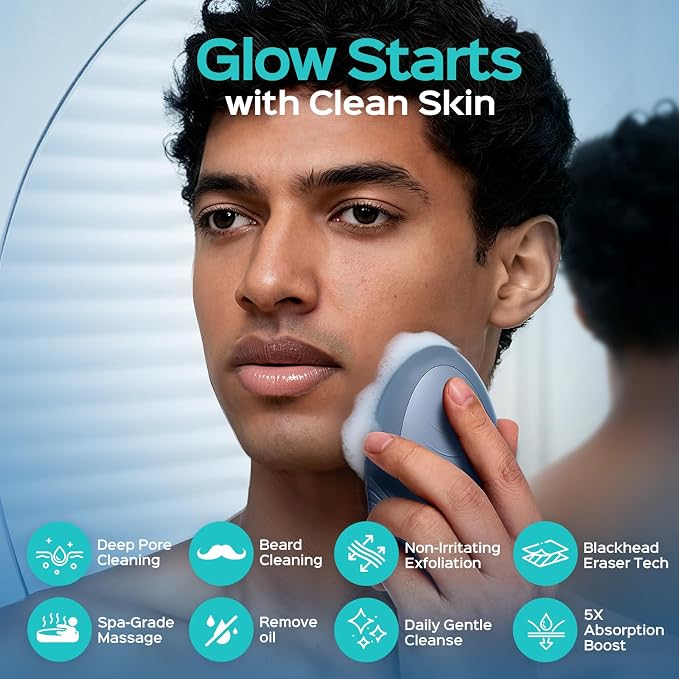 COSLUS FBS01 Facial Cleansing Brush Face Scrubber, Compact for Travel | Rechargeable, Gentle Silicone, 5 Cleansing Modes, Deep Cleaning for Men & Women, Removing Blackhead Exfoliating, Navy Blue