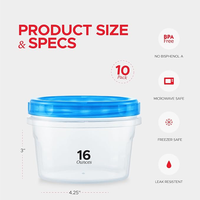 Tafura Twist Top Soup Storage Containers with Lids [16 Oz - 10 Pack] Reusable Freezer Containers for Food with Screw On Lids, 16 Ounce Food Storage Container with Cover, Leakproof, BPA Free