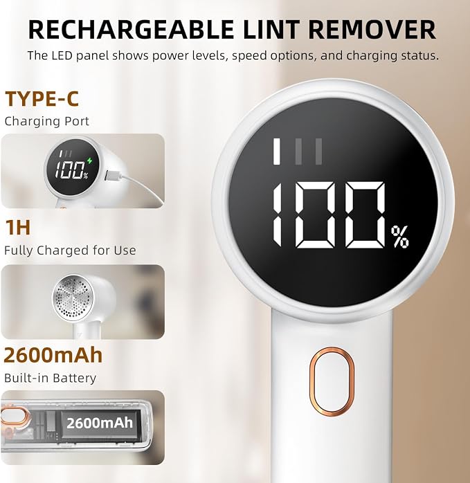 Fabric Shaver,Lint Remover Rechargeable,Lint Shaver, Hairball Trimmer,Digital LED Display to Remove Pilling for Clothes, Furniture, Sweater, Couch, Blanket (White)