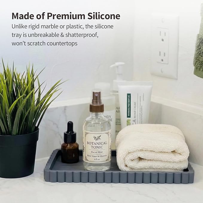 Silicone Bathroom Vanity Tray, Sink Caddy for Dish Soap Dispenser, Sponge Holder for Kitchen Sink, Rectangle Bathroom Countertop Organizer for Perfume, Jewelry, Candle (9.9” * 6”, Dark Grey)