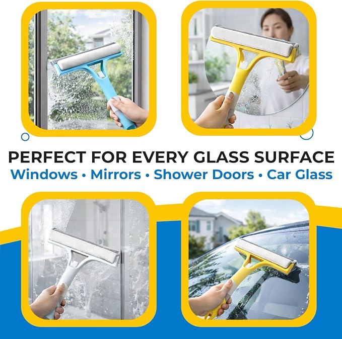 3-in-1 Window Squeegee with Spray Bottle, Handheld Glass Cleaning Tool with Microfiber Scrubber and Silicone Blade, Refillable Window Cleaner for Mirrors, Shower Doors, Tiles & Car Windows (Yellow)