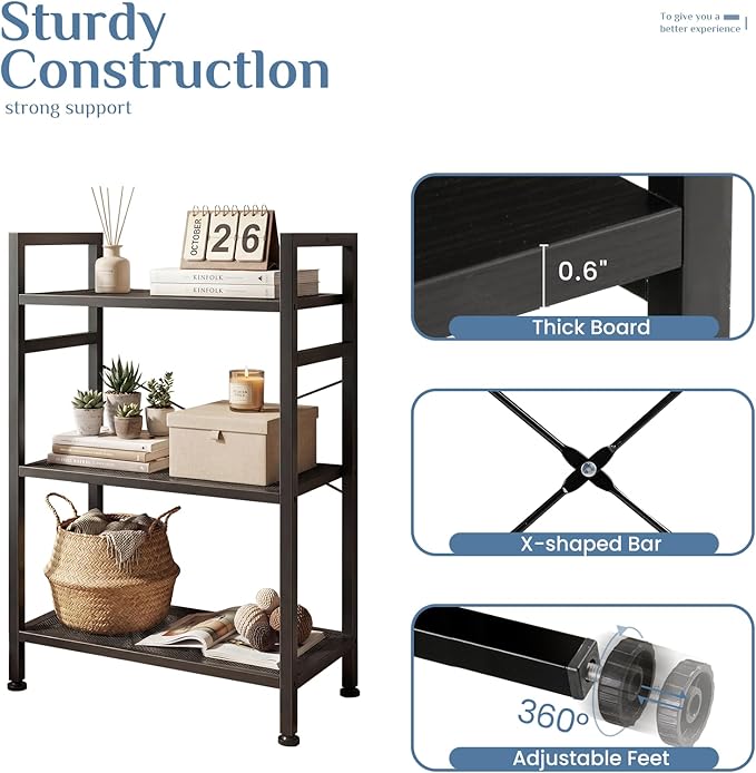 DUMOS 3 Tier Bookshelf, Home Office Bookcase Shelf Storage Organizer | Free Standing Open Display Storage Shelving Unit for Bedroom, Living Room Black