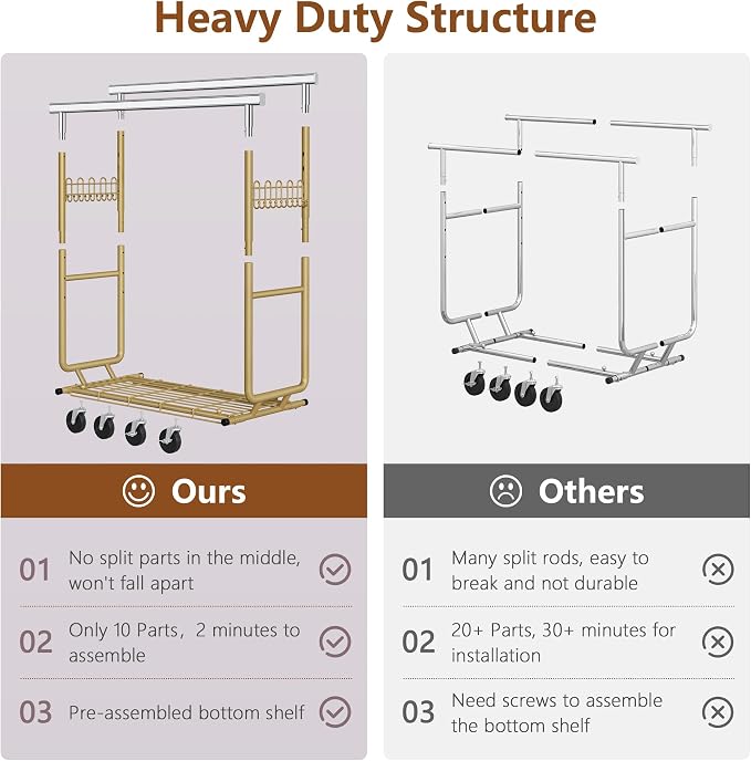 Hoctieon 2-Minute Assembly Double Rod Clothes Rack, Heavy Duty Rolling Clothing Racks with Wheels, Foldable Commercial Garment Rack, Extendable Hanging Bar, Adjustable Metal Pole with Hooks, Gold