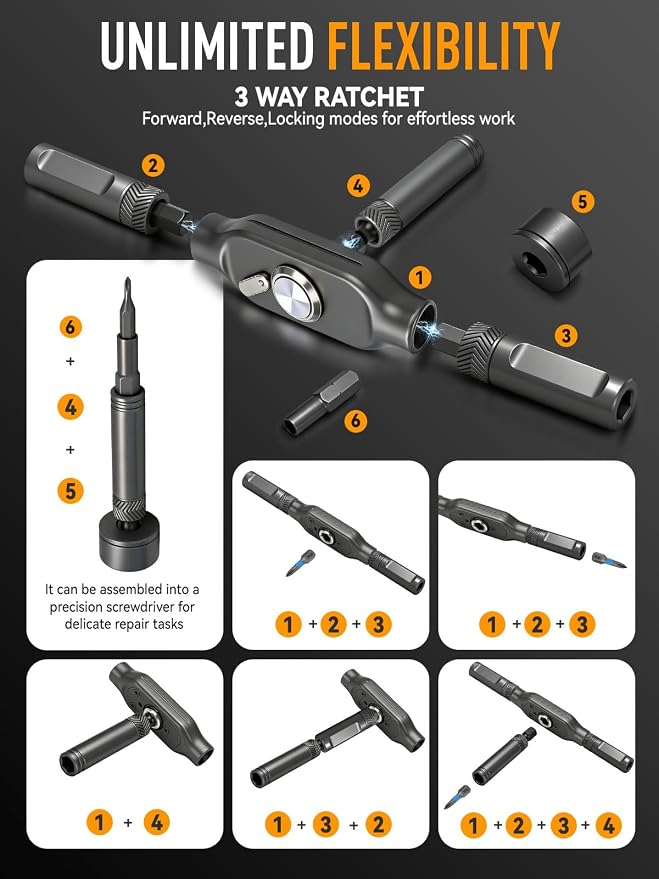 78 IN 1 Magnetic Ratchet Screwdriver Set T-Handle Ratchet Screwdriver Kit with Diamond-Faceted Handle & S2 Steel Bits, for Home Daily Repair, Precision Repair, Gift For Men Husband