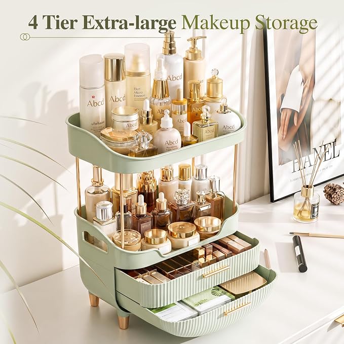 caktraie 4-Tier Makeup Organizer Bathroom Countertop Storage Green | Versatile storage for vanity, desk, bedroom; holds lipstick, perfume, skincare items