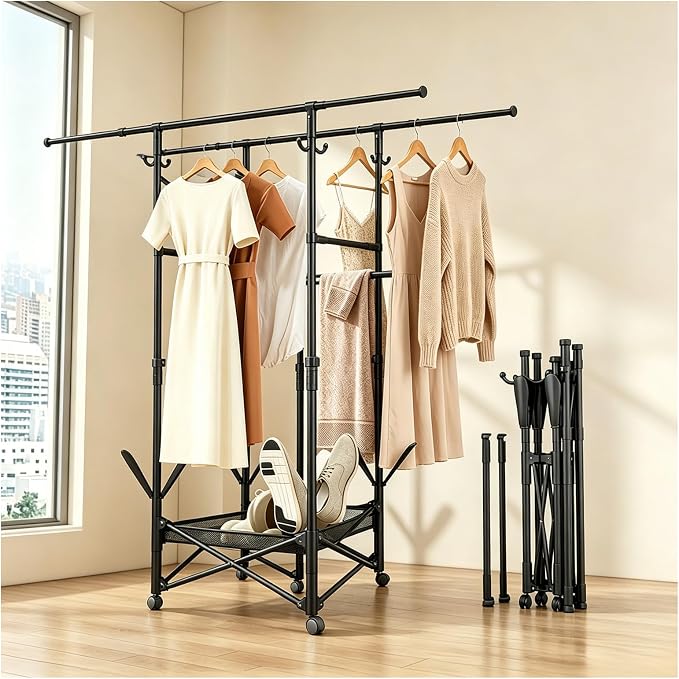 Foldable Collapsible Rolling Clothes Drying Rack,Adjustable Double Rods Laundry Airer(33.1–56.7"),Carbon Steel Pipe Standing Garment Rack for Indoor Outdoor Laundry Room (Black, B)
