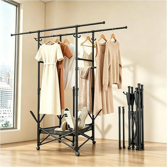 Foldable Collapsible Rolling Clothes Drying Rack,Adjustable Double Rods Laundry Airer(33.1–56.7"),Carbon Steel Pipe Standing Garment Rack for Indoor Outdoor Laundry Room (Black, B)