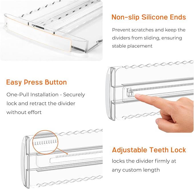 12 Pack 4" High Drawer Dividers for Clothes, 10.2"-16.5" Expandable Dresser Drawer Organizers, Adjustable Plastic Clear Drawer Separators for Kitchen, Baby Clothing, Socks, Underwear, Bedroom
