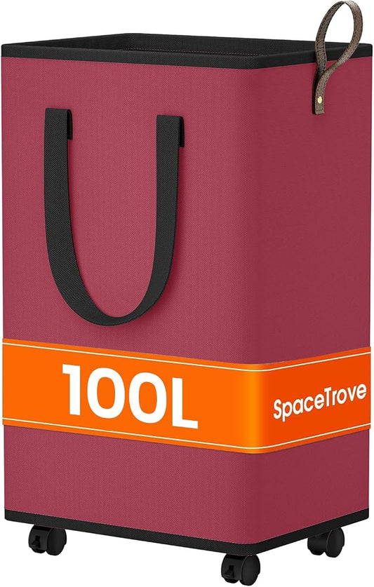SpaceTrove Rolling Laundry Basket with Wheels, Laundry Hamper, 100L, Red | Collapsible, 4 detachable wheels including 2 with brakes, sturdy handle, metal frame, for dorms, bathrooms and bedrooms