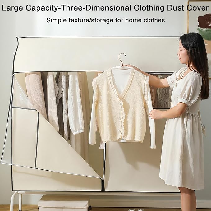 Clothing Rack Cover, Hanger Covers, Non-Woven with 3 Way Zipper, Large Transparent Window, Top Seal for Single Pole Clothes Drying Rack(Beige,100x50x120cm/39x20x47in)