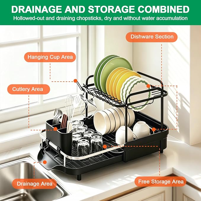 Dish Drying Rack for Kitchen Counter, 2 Tier Large Expandable Dish Drainer with Drainboard Set and Removable Utensil Holder, Space-Saving Countertop Organizer
