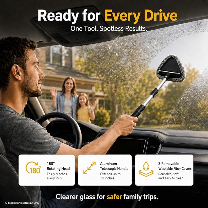 7-in-1 Windshield Squeegee Kit 180° Rotatable Cleaner | Lint Streak Free Pads, Extendable Scratch-Free Build, Car Home Dual Use, Blind Spot Clear, Storage Bag, Car Owner Gift