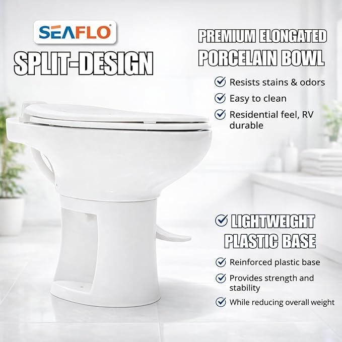 SEAFLO Porcelain RV Toilet with Elongated Bowl, 19” Residential Height, Gravity Flush, Foot Pedal Flush, Soft Close Seat, Easy Install, Camper Toilet, 4-Year Warranty, SFRTCH-02-01