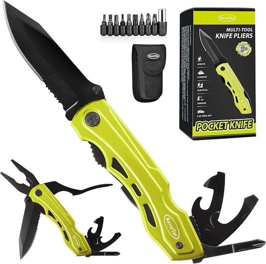 15-in-1 Pocket Multitool Knife - Folding Knife with Pliers, Bottle & Can Opener, Phillips Screwdriver + 9 Bits, Nylon Sheath - EDC Multi Tool for Camping, Hiking & DIY - Gifts for Men & Dad