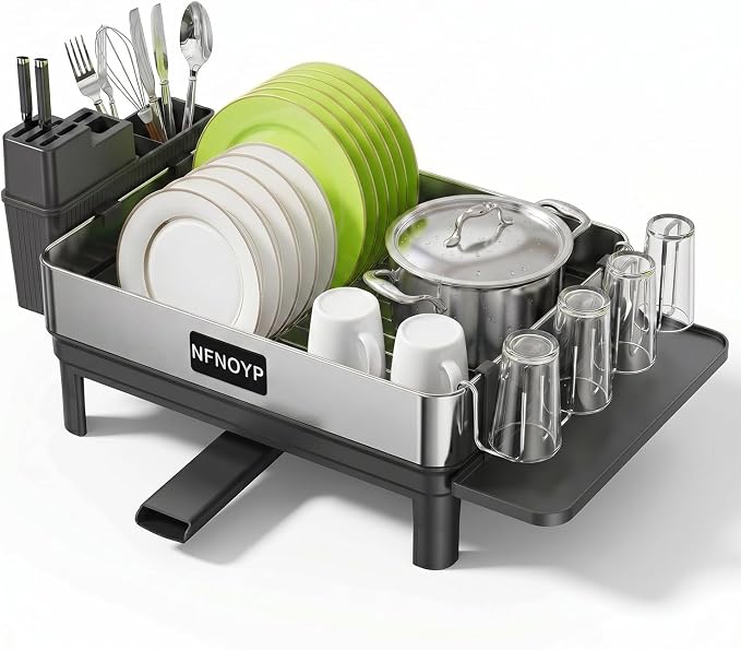 Dish Drying Rack, 304 Stainless Steel Dish Rack and Drainboard Set, Rustproof Dish Drainer with Anti-Pooling Automatic Drainage, Large Capacity Kitchen Counter Organizer, Black