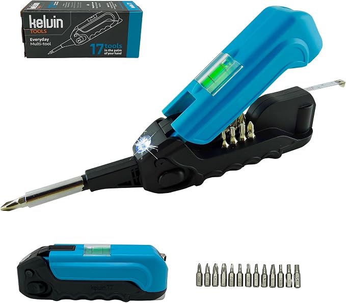 Kelvin Tools - Kelvin 17 Urban Screwdriver Set, All in One Everyday Multitool Screwdriver, Multi-Tip, Compact & Universal Precision, 13 Bit Set with Tape Measure, Liquid Level, Hammer and Flashlight