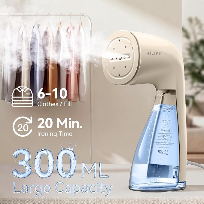HiLIFE Steamer for Clothes, Portable Handheld Design, 240ml Big Capacity, 700W, Strong Penetrating Steam, Removes Wrinkle, for Home, Office and Travel(ONLY FOR 120V) (Nude)