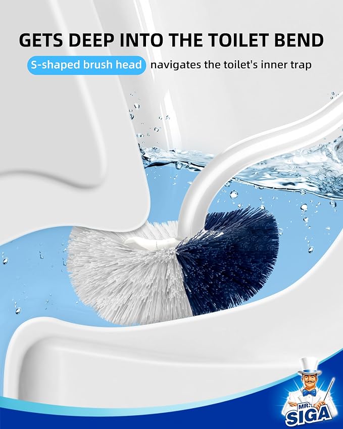 MR.SIGA Toilet Brush with Holder, Under Rim Toilet Bowl Brush with Curved Design for Hard to Reach Corners, 16.2 inch(41.1cm) Long Handle, White & Gray, 1 Pack