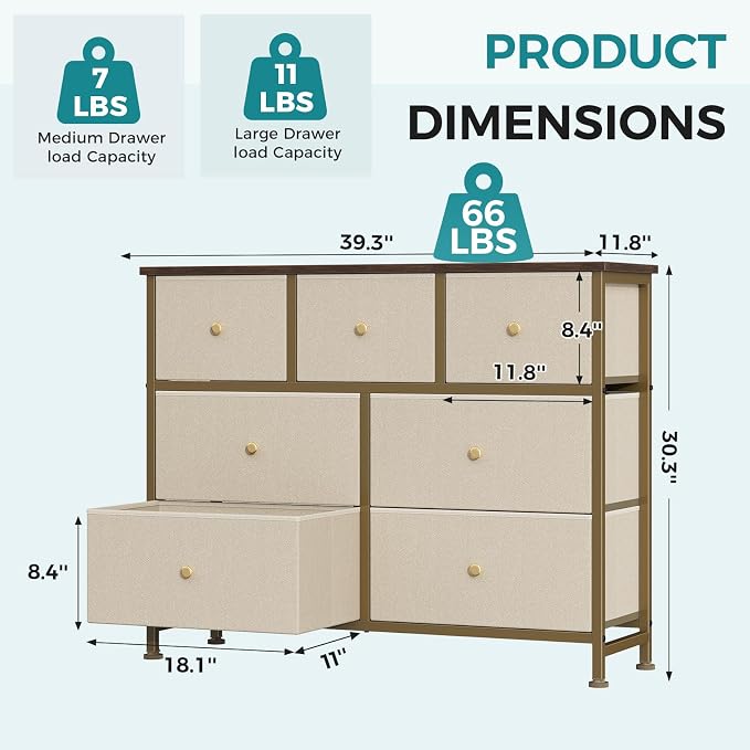 OLIXIS 7 Drawer Closet Organizer, Storage Tower with Sturdy Steel Frame | Dresser for Bedroom, Wooden Top & Easy Pull Fabric Bins, Clothes Organization, Living Room Entryway, Khaki
