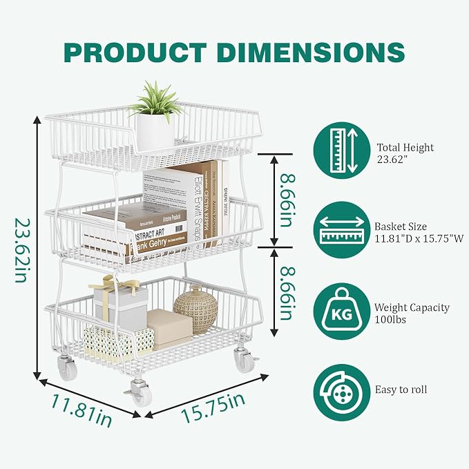 Giwil 3-Tier Rolling Pantry Organizers Fruit Vegetable Storage Basket Cart | 23.62"H under pantry shelf, metal frame, extra standing feet, kitchen produce wire basket for snack fruit onion potato, white