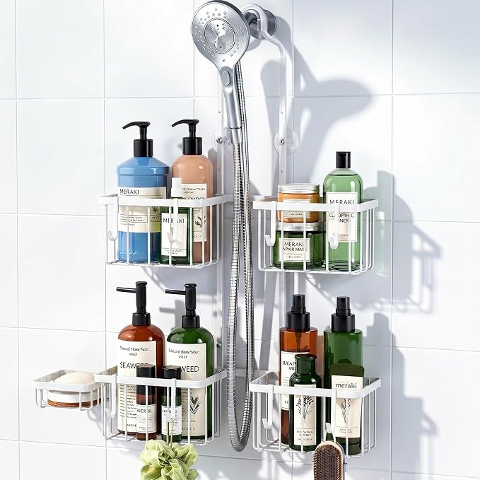 Luxspire Shower Caddy Hanging for Handheld Shower Heads,Rustproof Adjustable Shower Rack Hanger,Stainless Steel Bathroom Shower Organizer and Storage for Shampoo with Hook Soap Toothbrush Holder,White