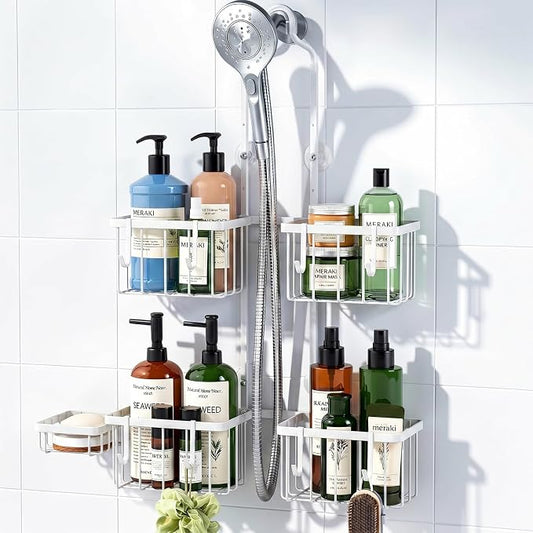 Luxspire Shower Caddy Hanging for Handheld Shower Heads,Rustproof Adjustable Shower Rack Hanger,Stainless Steel Bathroom Shower Organizer and Storage for Shampoo with Hook Soap Toothbrush Holder,White