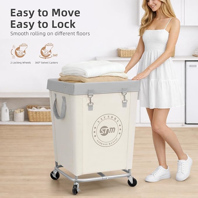 STORAGE MANIAC Commercial Laundry Hamper with Heavy Duty Steel Frame, 160 L Industrial Clothes Basket Cart with Wheels for Big Family, Home, Hotel, Laundry Room, 18''L x 18''W x 31''H, Medium Beige