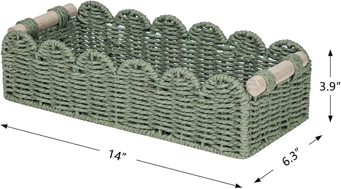 CubesLand Bathroom Basket Organizer, Toilet Tank Paper Storage Baskets 2PK | Scalloped Decorative Basket for Countertop w/Handle, Wicker Basket for Bathroom Decor, Home Decor, Living Room, Green