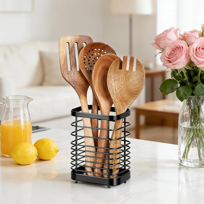 Utensil Holder, Stainless Steel Utensil Drying Rack for Kitchen Counter, Silverware Cutlery Flatware Holder Forks, Knives, Spoons, Chopsticks Organizer (Black)