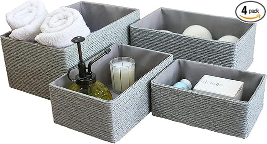 LA JOLIE MUSE Storage Baskets Set 4 - Stackable Woven Basket Paper Rope Bin, Storage Boxes for Makeup Closet Bathroom Bedroom (Gray)