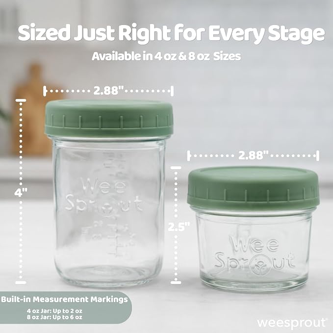 WeeSprout Glass Baby Food Storage Jars w/Lids (4 oz, 12 Pack Set) Snack, Puree, Reusable Small Containers, Breast Milk, Fridge or Freezer, Microwave & Dishwasher Safe, Essential Must Have for Infants