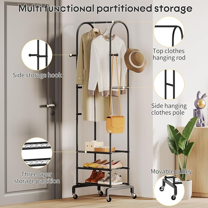 Garment Rack with Wheels,Small Metal Coat Rack With 4 Hooks,Freestanding Heavy Duty Clothing Rack with Shoe Shelves,Hanging Rod for Small Space,Bedroom,Entryway, Office, Living Room (Black)