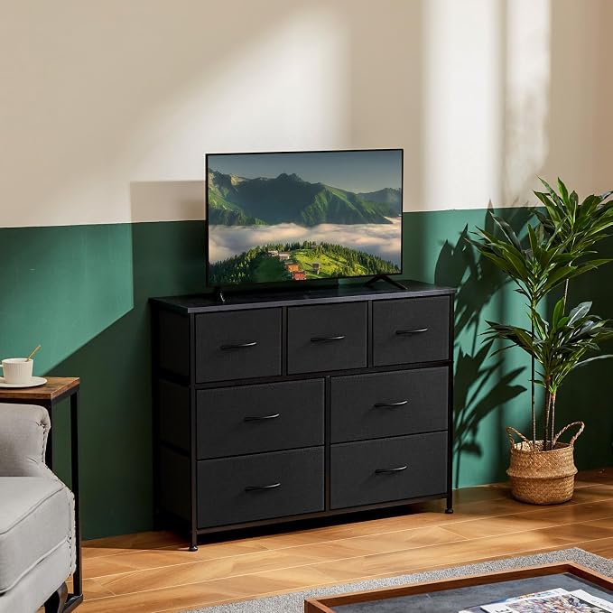OLIXIS Black Dresser for Bedroom with 7 Fabric Drawers Storage Organizer | Wardrobe Closet for Clothes Storage, Cabinet Vertical Dresser for Living Room, Entryway Hallway