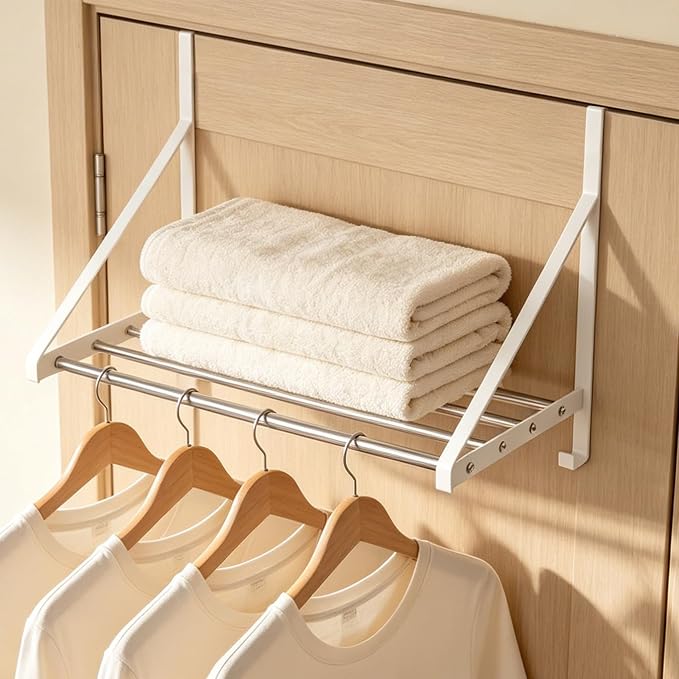 Over Door Clothes Drying Rack 13"-23" Length No Drill for Apartment Rental | 60lb Heavy Duty Load, 4 Stainless Steel Rods and 2 Accessory Hooks Indoor Air Dryer Rack Space Saving for Bathroom, Dorm, RV
