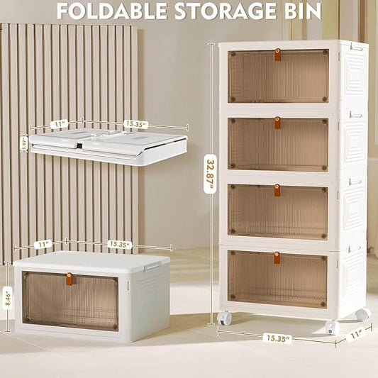 YFXCVSL 4 Tier Plastic Storage Bins with Lid 23QT, Stackable Storage Containers with Wheels, Folding Storage Boxes, Stackable Storage Bins, Organizers and Storage for Living Room,Office,Dorm