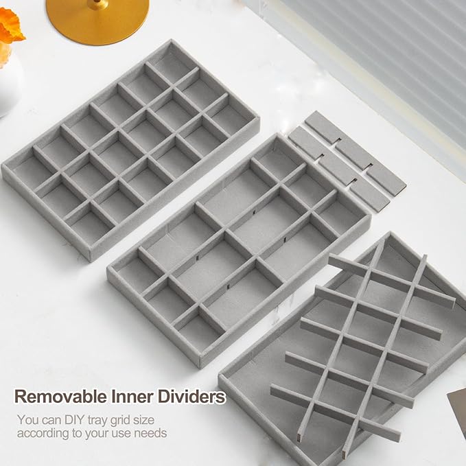 SPAKOWN Stackable Jewelry Organizer Trays Set of 9, Small Velvet Jewelry Organizers Earring Necklace Ring Bracelet Display Case Storage for Drawer Dresser (Grey)