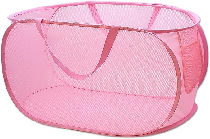 Sturdy Mesh Laundry Hamper Basket Bag,collapsible Pop up for Laundry Room | Folding Foldable Baskets with Side Pocket Travel Clothes Organizer for Bathroom,Kids Room,College Dorm (Horizontal,Pink)