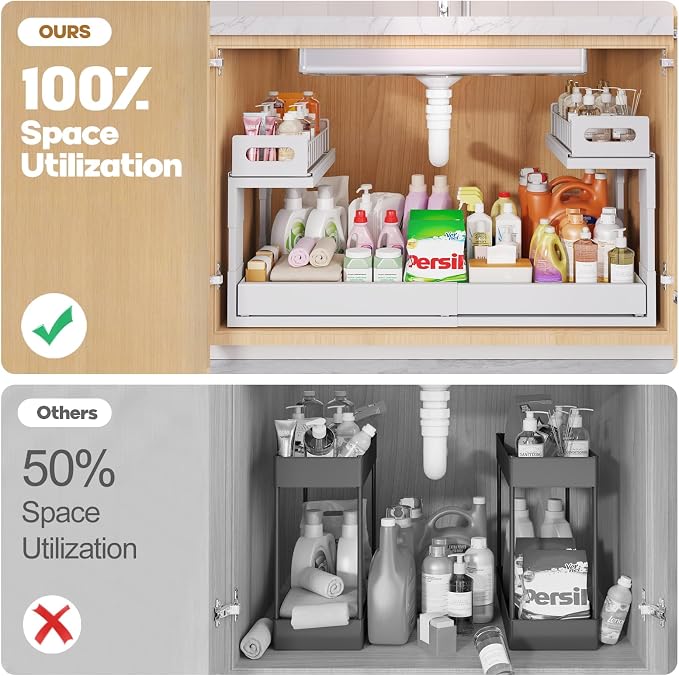1 Pack-19"-32"W Expandable Under Sink Organizer With Upgrade Ball-Bearing Slide,2-Tier Pull Out Under Cabinet Organizer Height Adjustable,Not Suitable For Cabinets With Partitions In The Middle